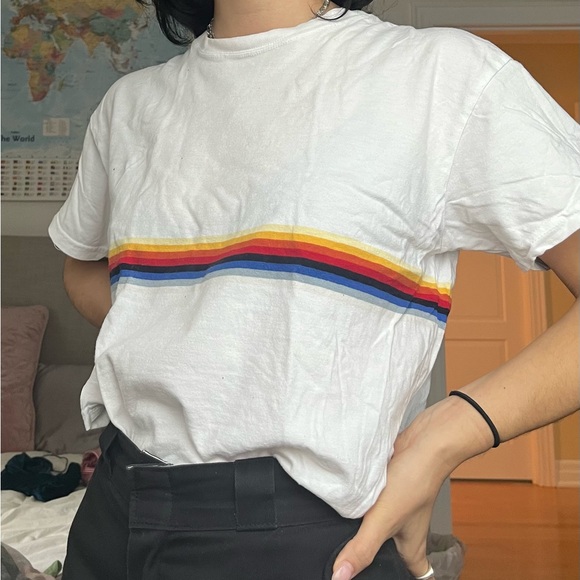 White Brandy Melville T-Short with Rainbow Stripe - Picture 5 of 5